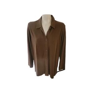 Liz Claiborne Liz & Co Womens Brown Button Front Long Sleeve Top officecore cozy